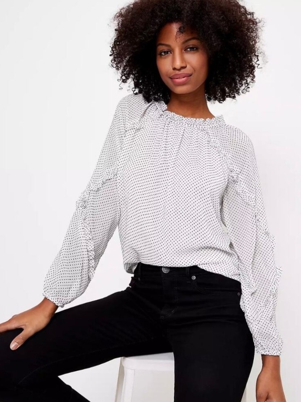 NWT Loft white black polka dot long sleeve ruffled blouse Flowy and light-Medium